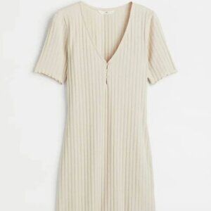 H&M Ribbed Bodycon Mini Dress | Beige Short Sleeve V-Neck Size S